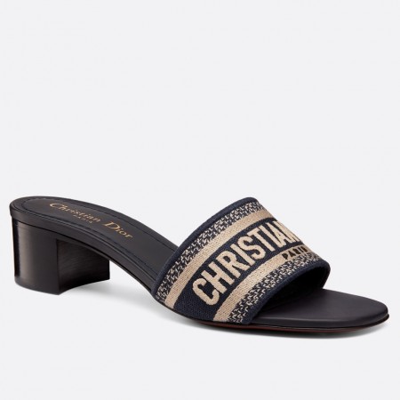 Dior Dway Heeled Slides In Deep Blue Embroidered Cotton