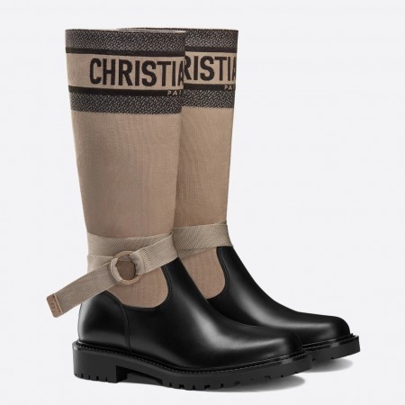 Dior D-Major Boots In Taupe Fabric And Calfskin