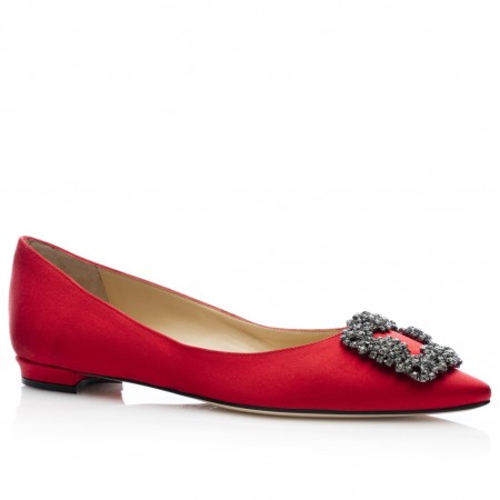 Manolo Blahnik Hangisi Flats In Red Satin with Crystal Buckle