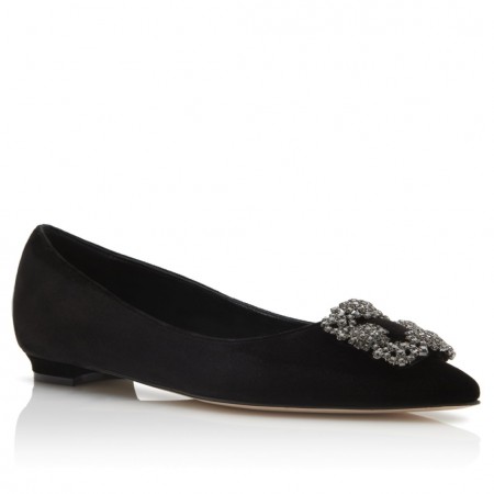 Manolo Blahnik Hangisi Flats In Black Velvet with Crystal Buckle