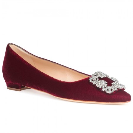 Manolo Blahnik Hangisi Flats In Red Velvet with Crystal Buckle