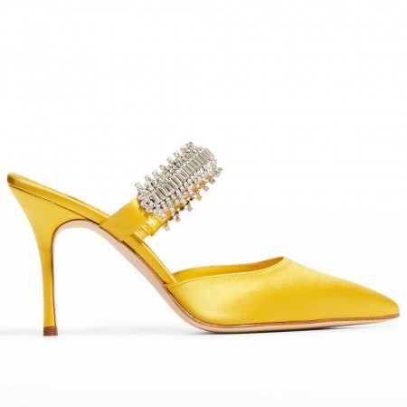 Manolo Blahnik Lutara Crystal 90mm Mules In Yellow Satin