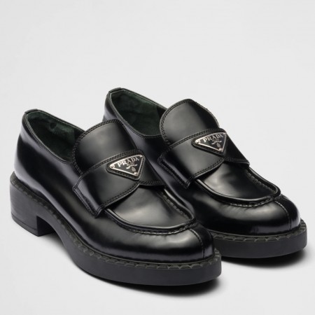 Prada Women's Loafers In Black Brushed Leather 