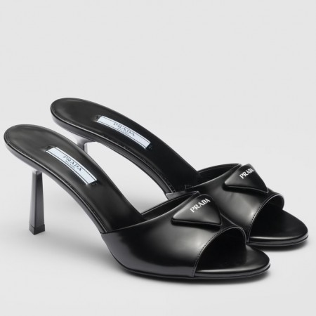 Prada Heeled Sandals 75mm in Black Brushed Leather