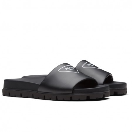 Prada Black Leather Slides with Printed Triangle Logo