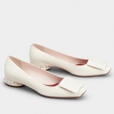 Roger Vivier Strass Heel Covered Buckle Ballerinas In White Patent Leather