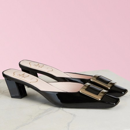 Roger Vivier Belle Vivier Metal Buckle Mules in Black Patent Leather