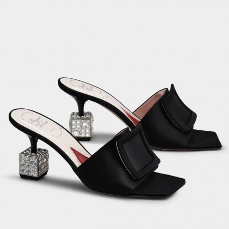 Roger Vivier Cube Strass Heel Mules in Black Satin