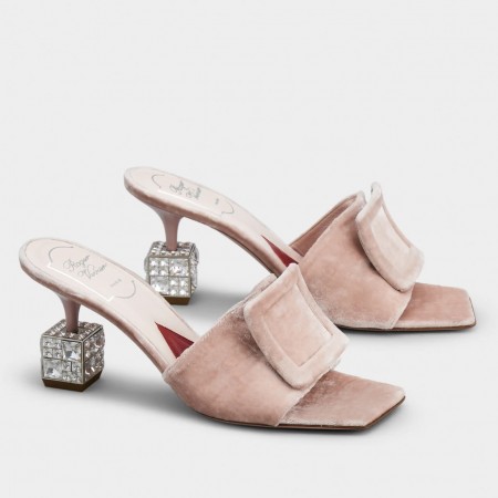 Roger Vivier Cube Strass Heel Mules in Pink Velvet