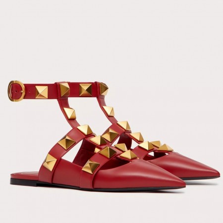 Valentino Garavani Roman Stud Ballet Flats In Red Calfskin