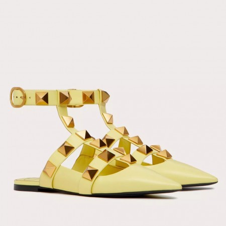 Valentino Garavani Roman Stud Ballet Flats In Yellow Calfskin