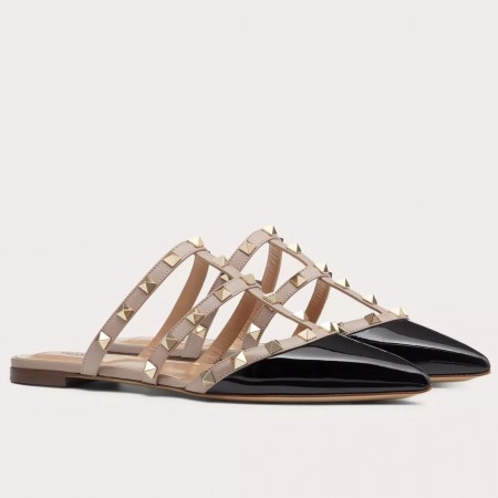 Valentino Rockstud Flat Mules In Black Patent Leather