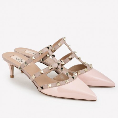 Valentino Rockstud Mules 50mm In Nude Patent Calfskin