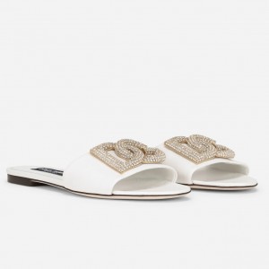 Dolce & Gabbana White Slides with Rhinestone DG Logo 