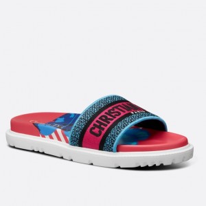 Dior Dway Slides In Red Multicolor D-Flower Pop Cotton