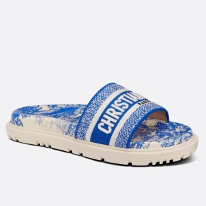 Dior Dway Slides In Bright Blue Toile de Jouy Embroidered Cotton