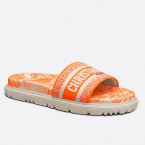 Dior Dway Slides In Bright Orange Toile de Jouy Embroidered Cotton