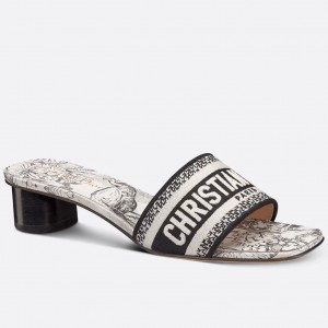 Dior Dway Heeled 35MM Slides in Cotton with Toile de Jouy Voyage Motif