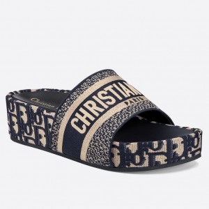 Dior Dway Slides In Blue Oblique Embroidered Cotton