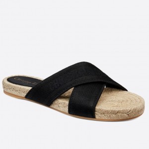 Dior Granville Espadrilles Sandals In Black Embroidered Cotton