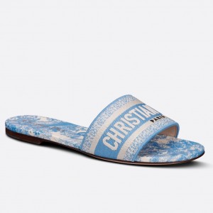 Dior Dway Slides In Light Blue Toile de Jouy Embroidered Cotton