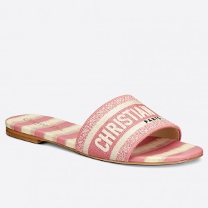 Dior Dway Slides In Pink D-Stripes Embroidered Cotton