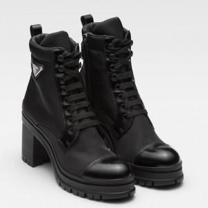 Prada Ankle Boots in Black Brushed Leather and Nylon