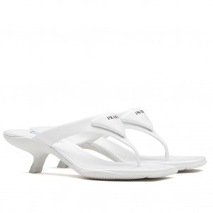 Prada Heeled Thong Sandals In White Brushed Leather