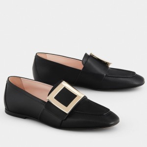 Roger Vivier Soft Metal Buckle Loafers in Black Leather