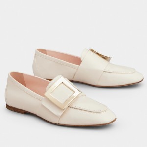 Roger Vivier Soft Metal Buckle Loafers in White Leather