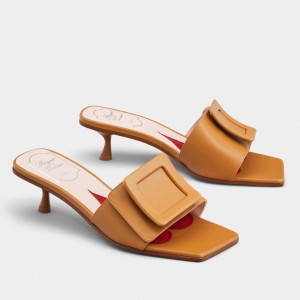 Roger Vivier Covered Buckle 45mm Mules in Brown Leather