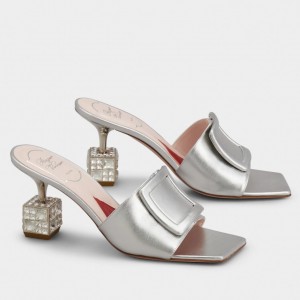 Roger Vivier Cube Strass Heel Mules in Silver Metallic Leather