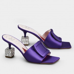 Roger Vivier Cube Strass Heel Mules in Violet Satin