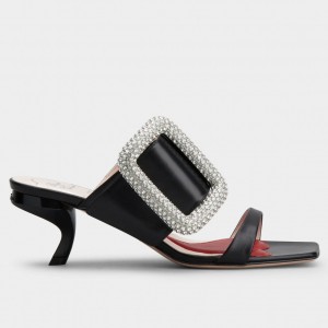 Roger Vivier Viv' Choc Side Strass Buckle Mules in Black Leather