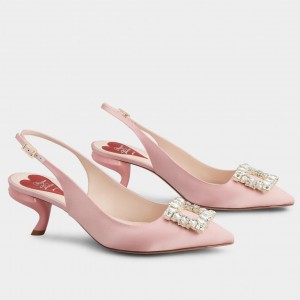 Roger Vivier Virgule Strass Buckle Slingback Pumps in Pink Satin