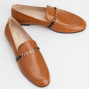 Tod's Women's Brown Chain-embellished Leather Loafers