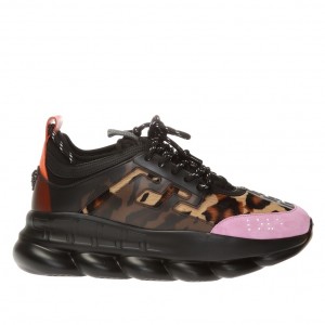 Versace Women's Black Chain Reaction Sneakers With Leopard Print