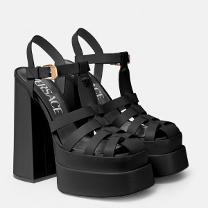 Versace La Medusa Platform Sandals In Black Calfskin