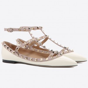 Valentino Garavani Caged Rockstud Ballet Flats In White Patent Leather