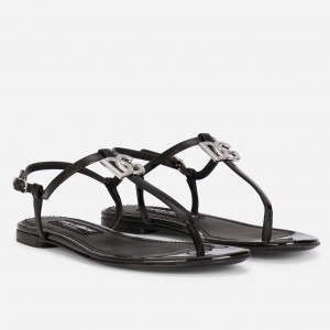 Dolce & Gabbana DG Thong Sandals In Black Patent Leather 