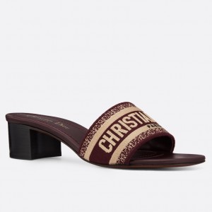 Dior Dway Heeled Slides In Bordeaux Embroidered Cotton