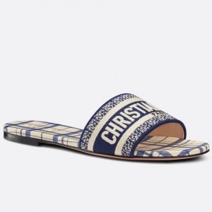 Dior Dway Slides In Blue Check'n'Dior Embroidered Cotton