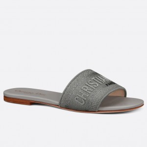 Dior Dway Slides In Grey-Tone Embroidered Metallic Fabric