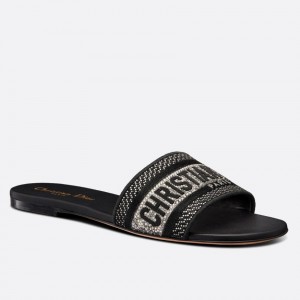 Dior Dway Slides In Black Metallic Thread Embroidery and Strass