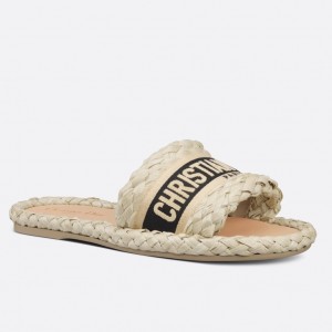 Dior Dway Slides In Beige Embroidered Raffia and Cotton