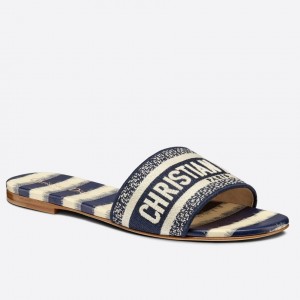 Dior Dway Slides In Navy Blue D-Stripes Embroidered Cotton