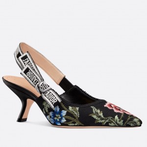 Dior J'Adior Slingback Pumps 65mm In Black Petites Fleurs Embroidered Cotton 