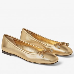 Jimmy Choo Elme Flats In Gold Metallic Leather with Pearl Embellishment