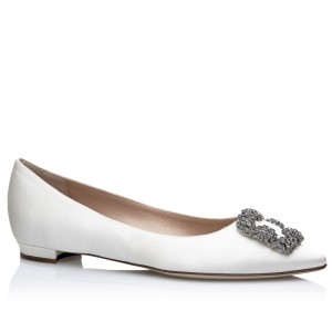 Manolo Blahnik Hangisi Flats In White Satin with Crystal Buckle