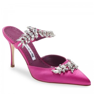 Manolo Blahnik Lurum Crystal 90mm Mules In Rose Red Satin